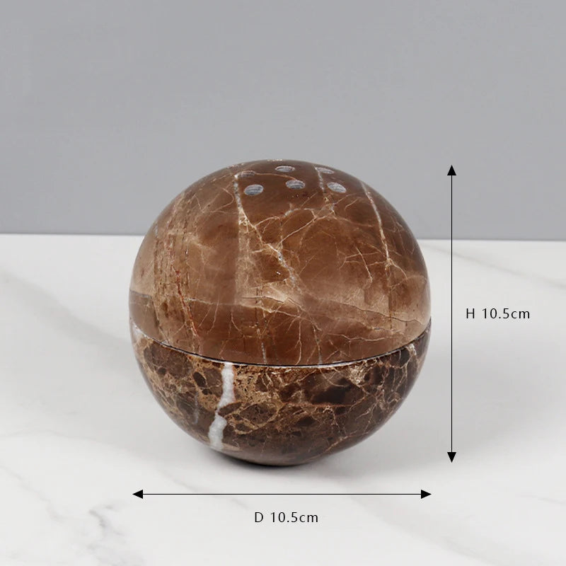 Brown marble incense burner with its measurements displayed on a white backround.