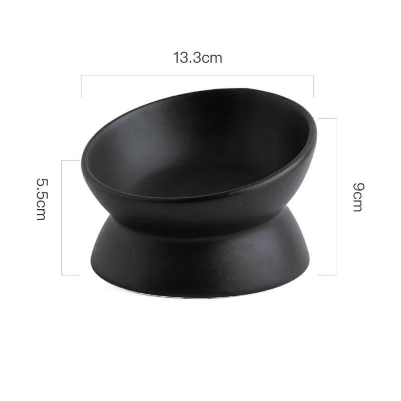 Black ceramic elevated cat bowl displayed with its measurements on a white background.