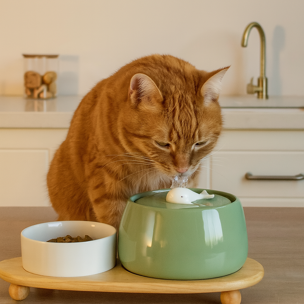 Ginger tabby cat drinking water from premium ceramic cat water fountain placed in a modern kitchen.