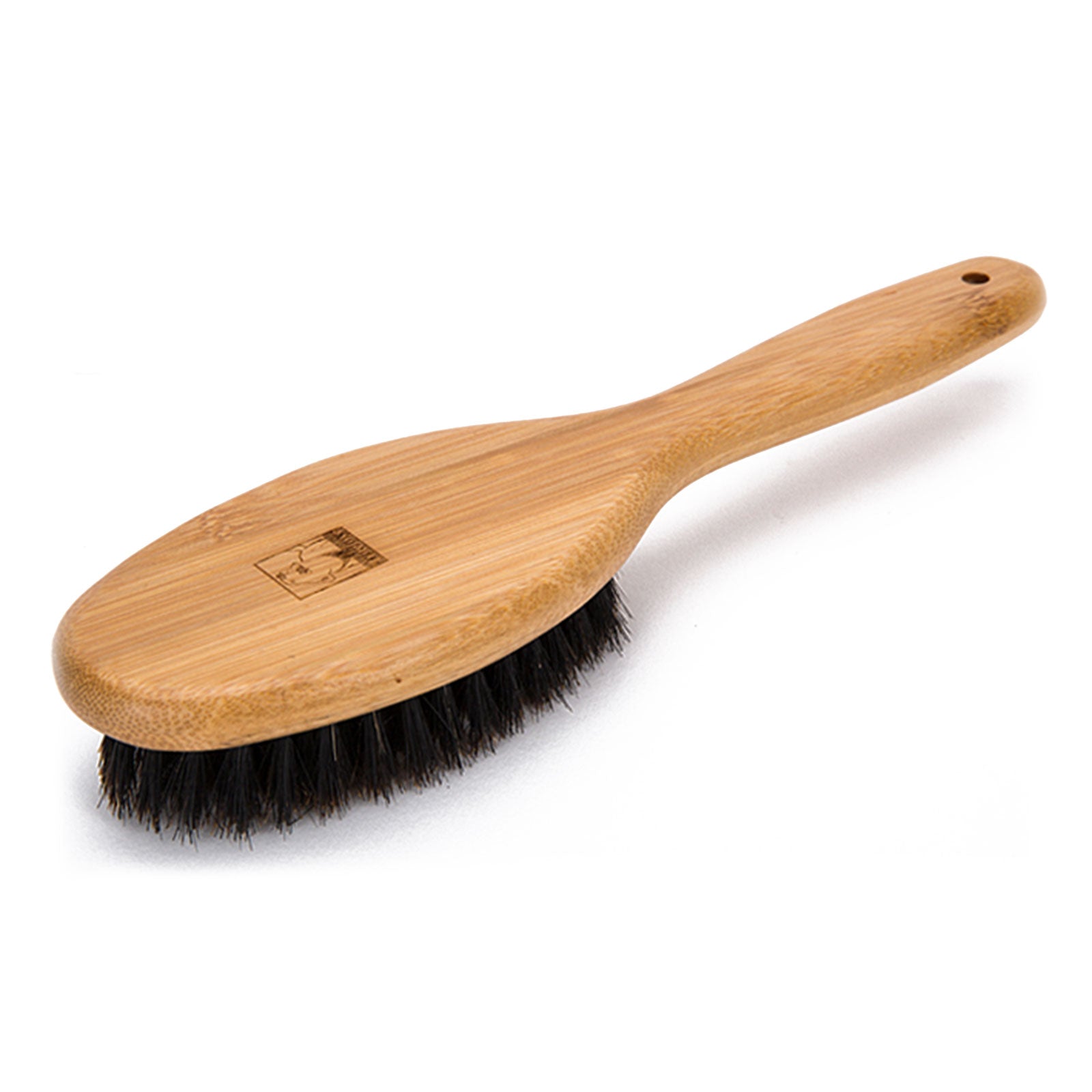 Bamboo pet grooming brush with black bristles and logo displayed on a white background