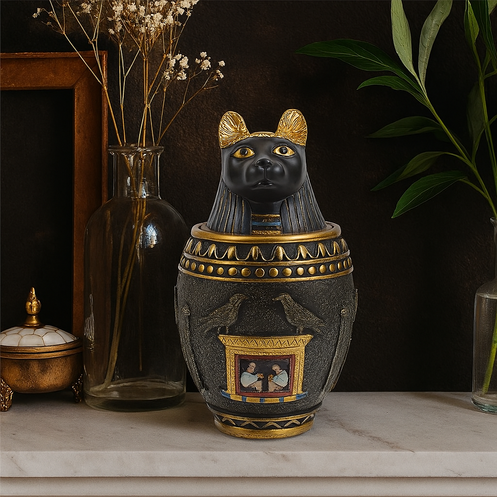 Handmade Egyptian style resin cremation urn for pet ashes displayed on marble top.