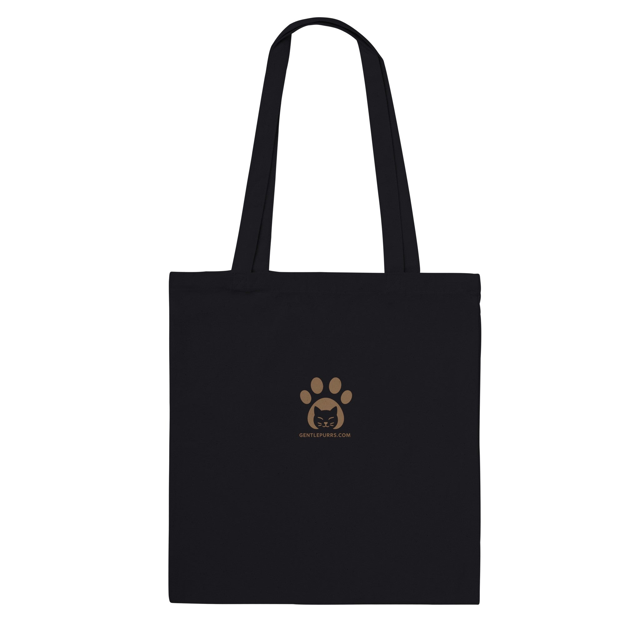 Black cotton tote bag with Gentle Purrs logo print displayed on a white background.