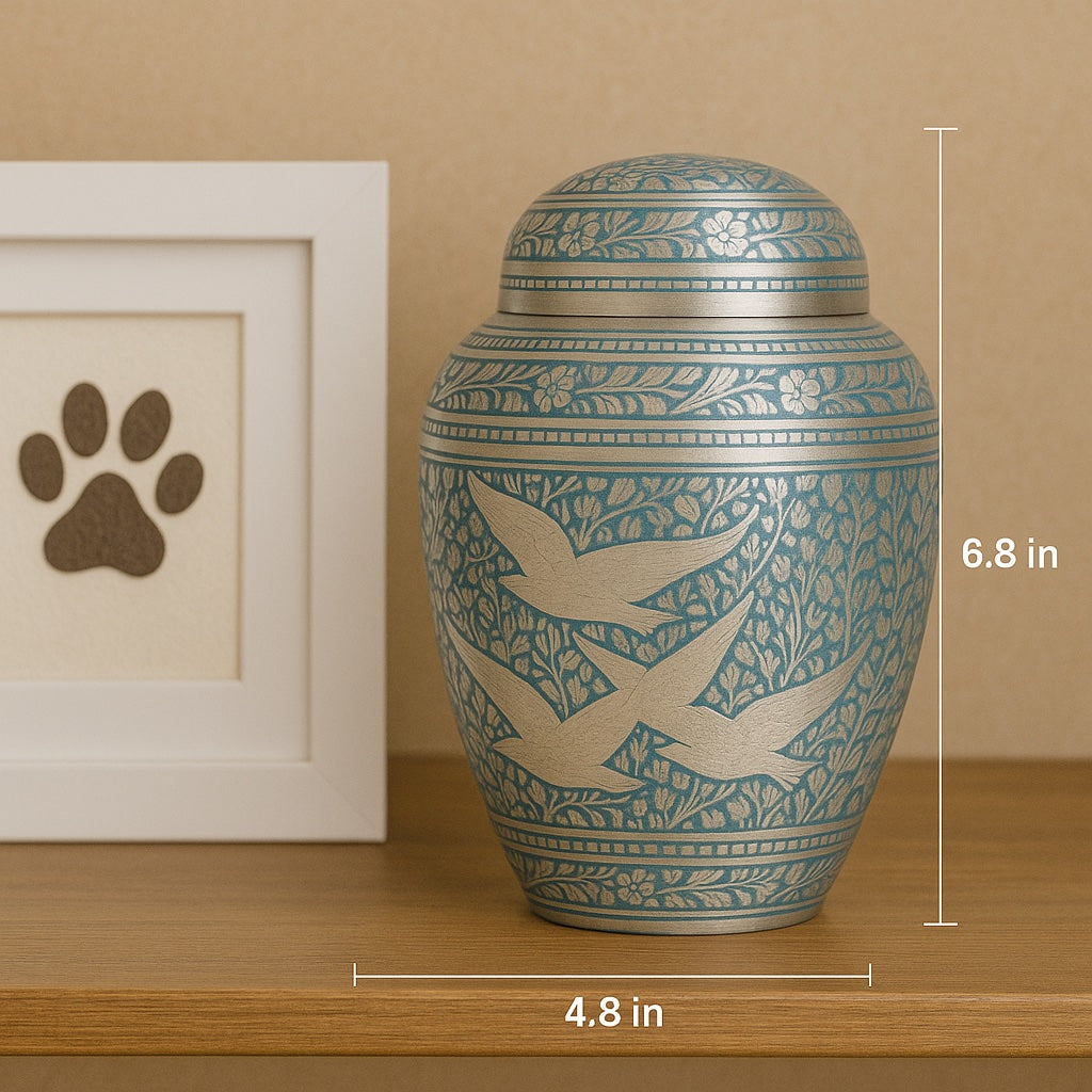 Brass pet cremation urn displayed in a peaceful home setting, honouring memory of a beloved pet.
