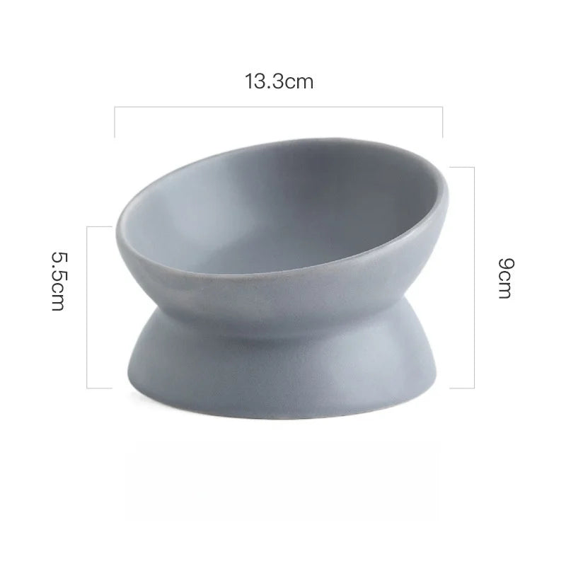 Grey ceramic elevated cat bowl with its measurements displayed on a white background.