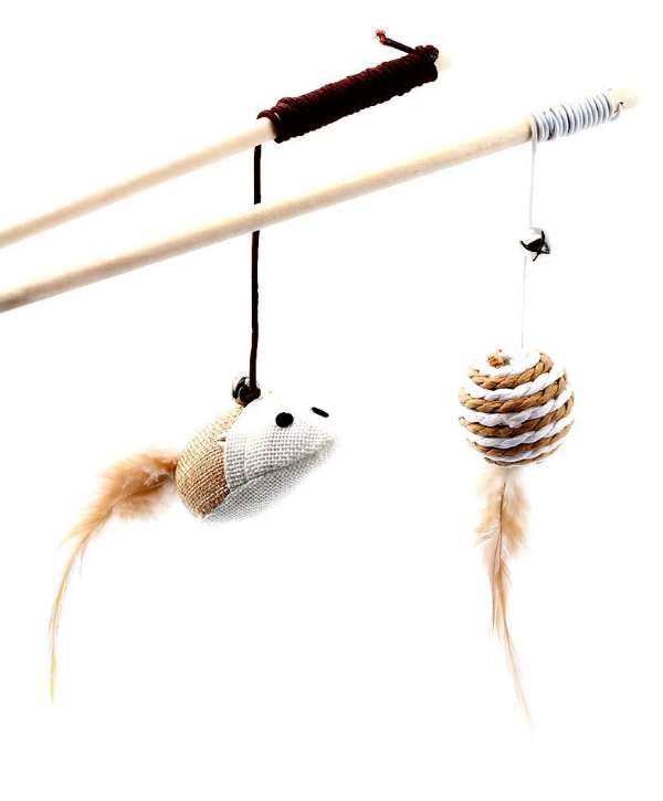 Two different variants of interactive wand toy for cats; one with attached mouse toy, and another - with attached ball with feather.