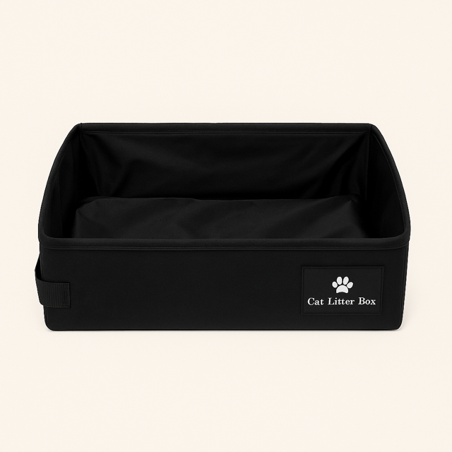 Black portable foldable cat litter box displayed on a white background.