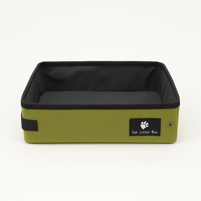 Green portable collapsible cat litter box displayed on white background.