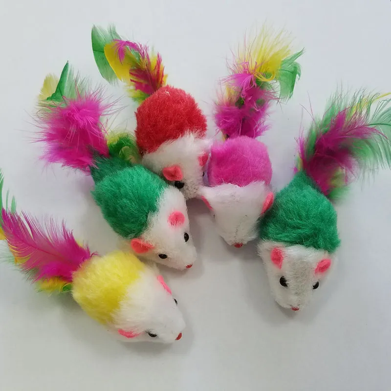 Cat mouse toy made of plush with feather tail - set of four.