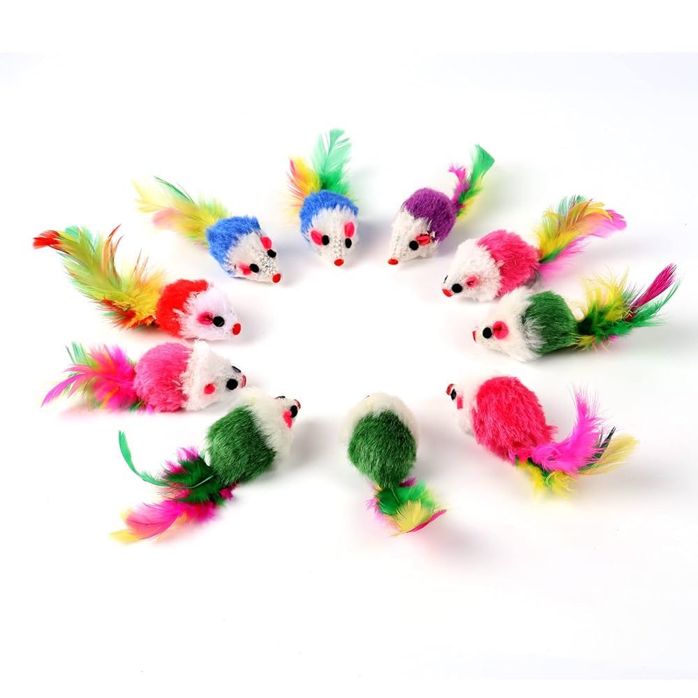 Cat toy mouse with feather tail - set of ten.