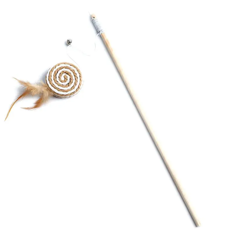 Interactive cat wand toy with wooden handle and a round toy with attached feather - teaser playing stick for cats