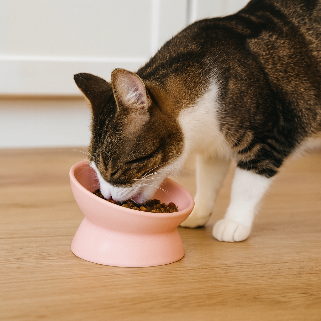 Tabby cat eating kibble from a pink ceramic elevated bowl on a wooden floor.