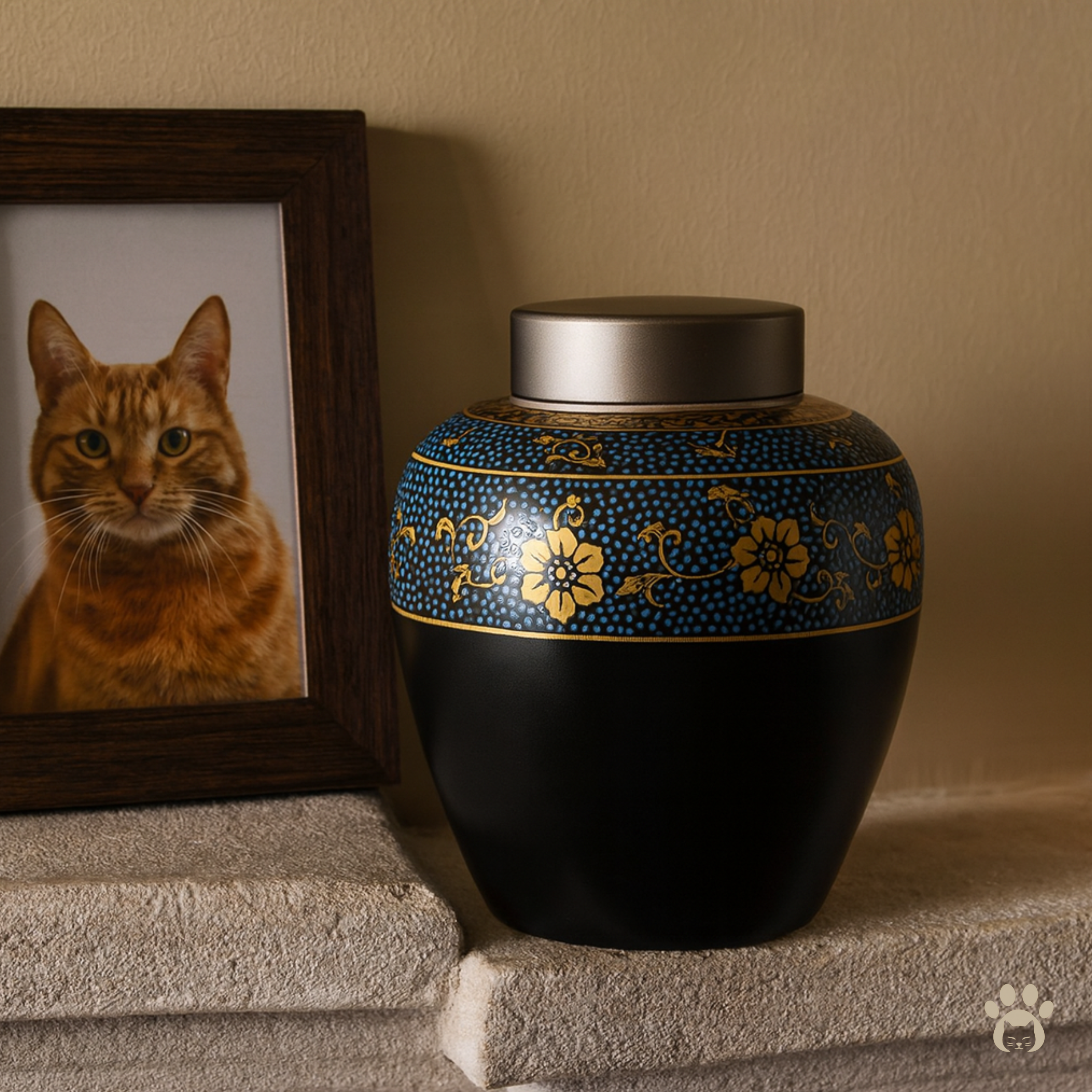 Black ceramic pet ashes urn with a blue and gold ornament displayed on a mantlepiece with a framed photo of a cat behind.