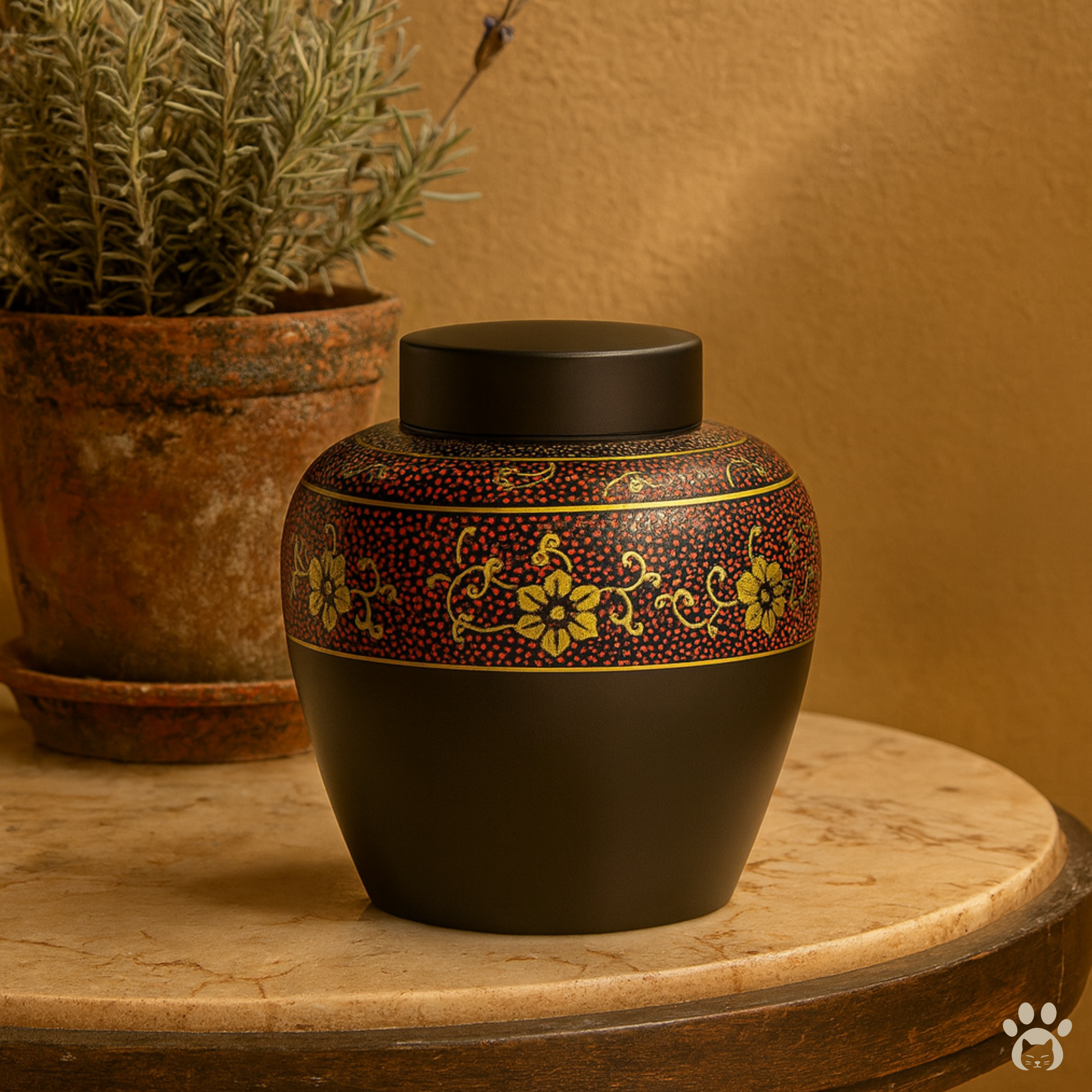 Black ceramic pet cremation urn with a red and gold ornament displayed on an antique table with a marble top, and a lavender in pot behind.
