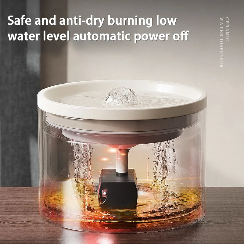 Ceramic water dispenser with water flowing and text indicating safety features.