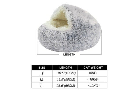Semi-enclosed soft plush cat bed with measurements displayed on a white background.