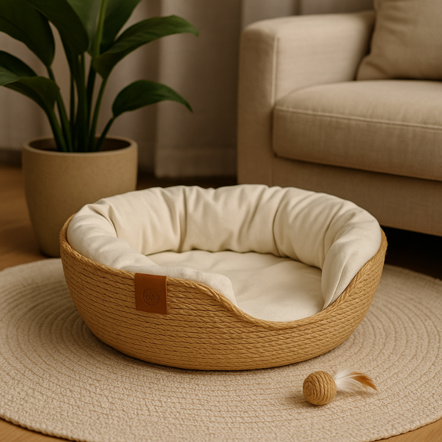 Eco-friendly cat bed made from natural fiber with a white cushion inside, displayed in a cozy living room.