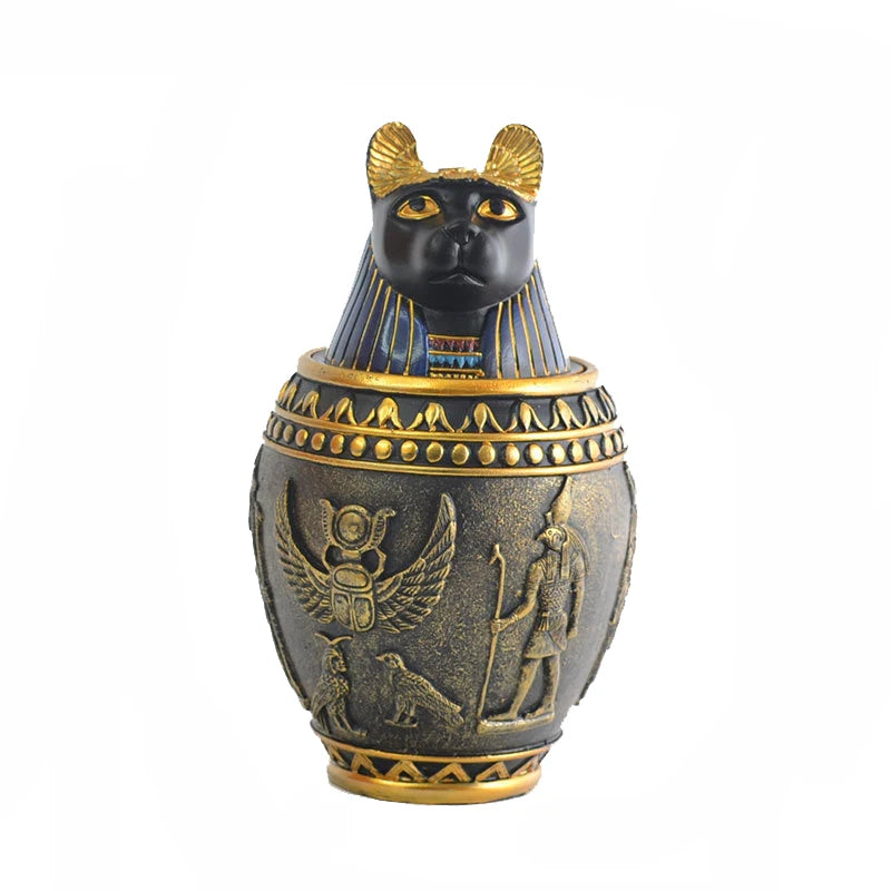 Pet cremation urn made of resin, with ancient Egyptian decorative motives displayed on a white background.