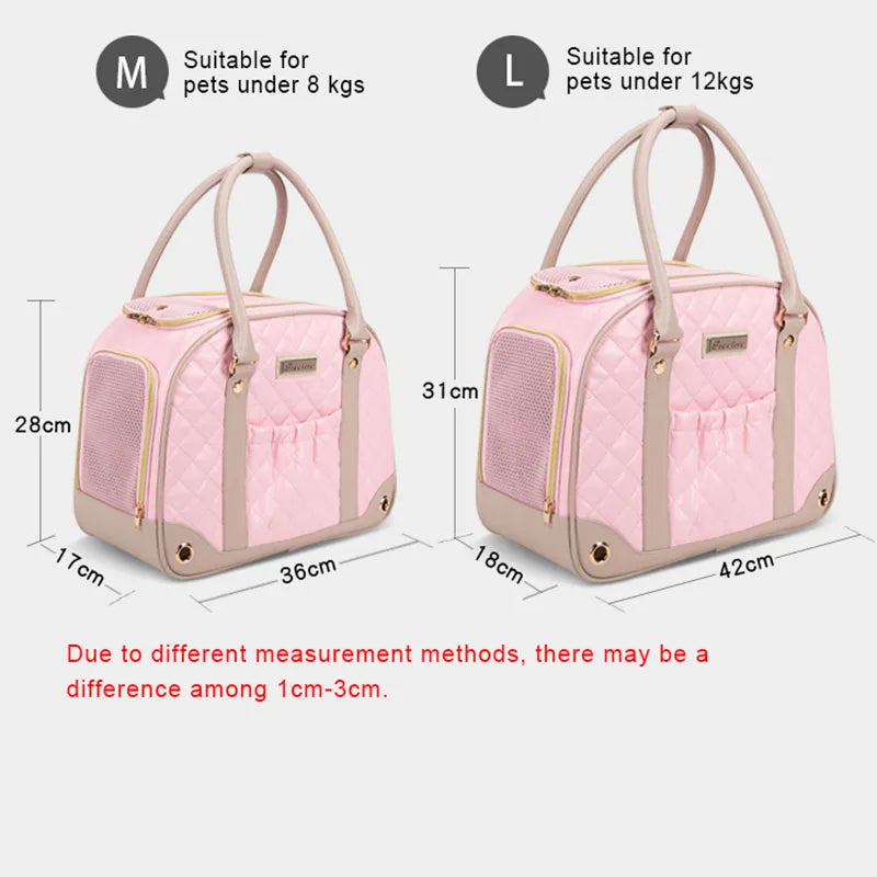 Two pink pet carriers with measurements and suitability for pets indicated.