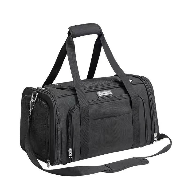 Black pet carrier bag with a visible brand logo on a white background