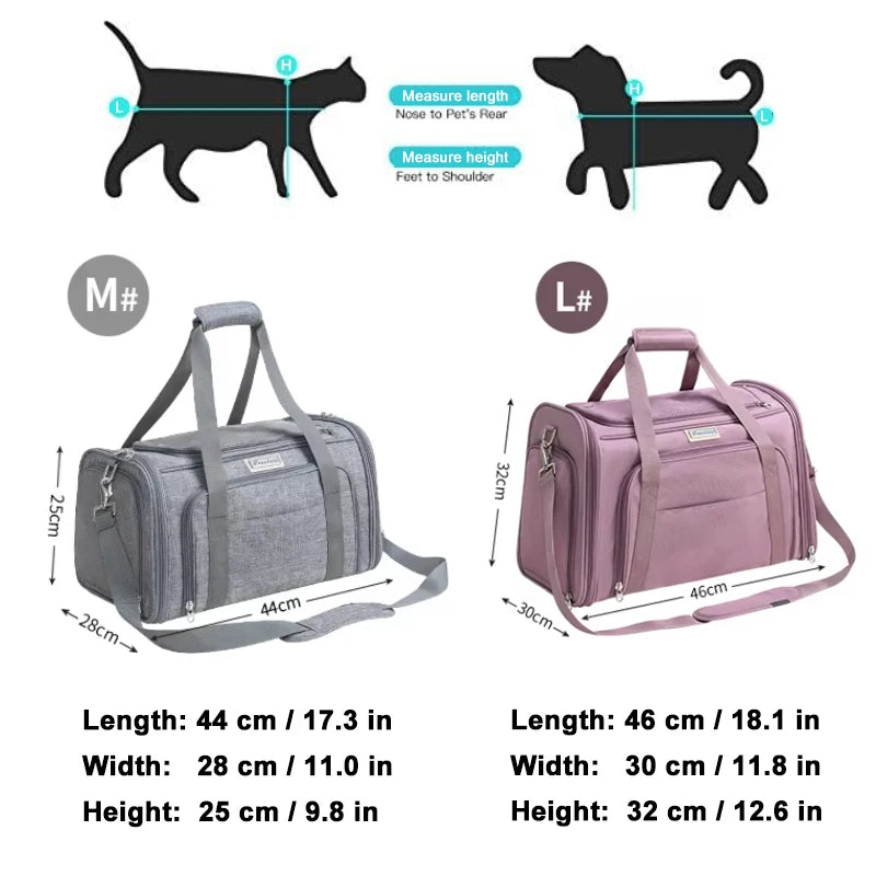 Two pet travel bags with measurements and illustrations of a cat and dog.