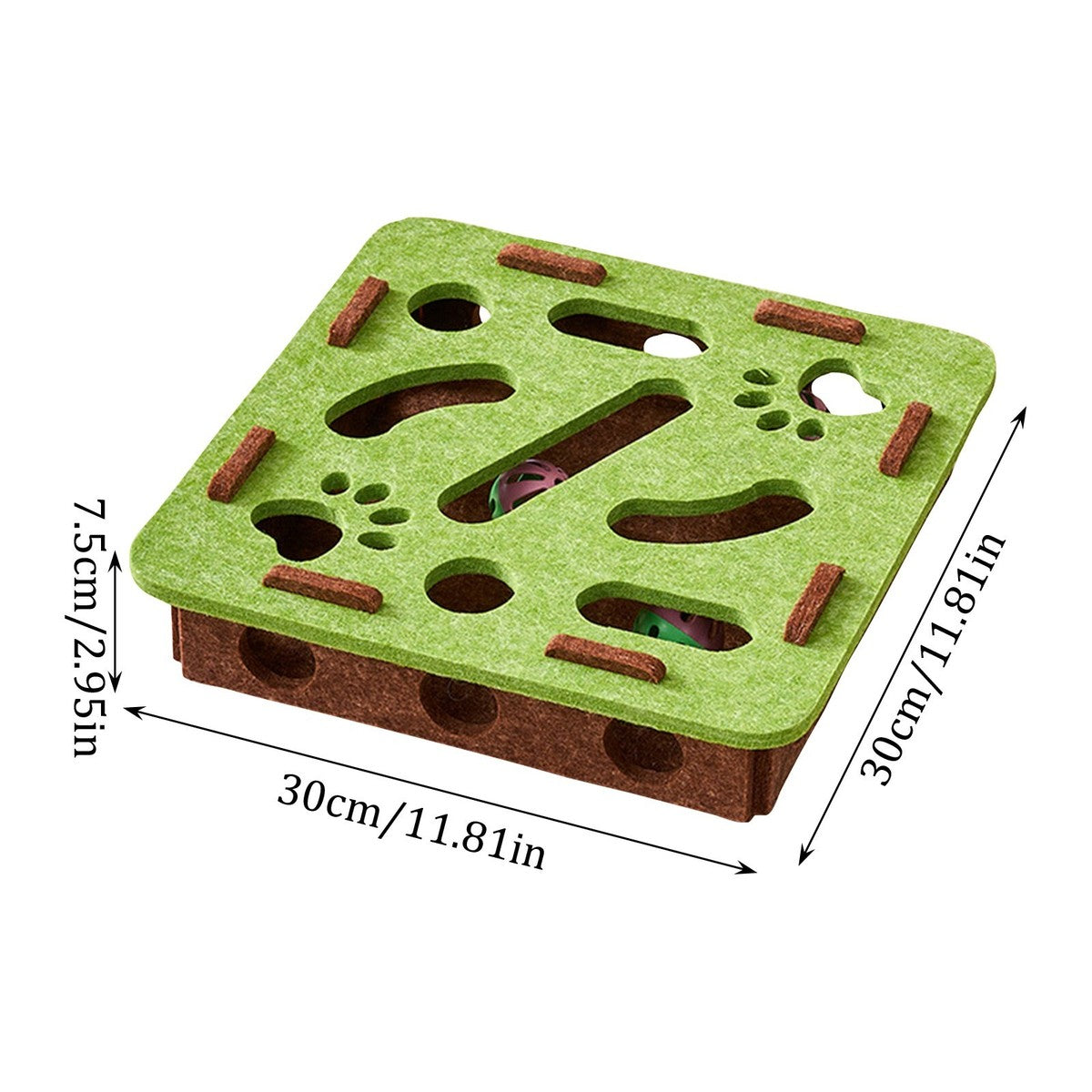 Green felt cat puzzle box with brown base featuring multiple holes, slots, and paw print cutouts with colourful toys visible inside, displayed with measurements.