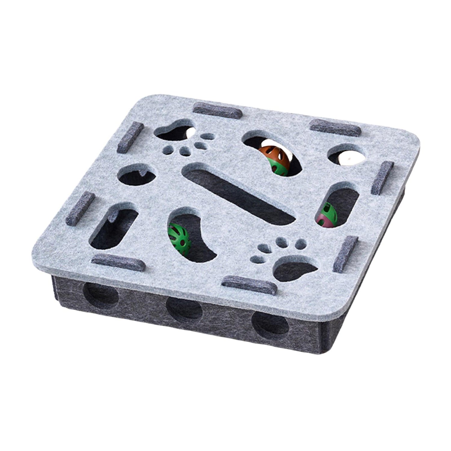 Grey felt puzzle box with multiple holes and openings of various sizes for cats to reach through and play with toys inside. The interactive maze toy has paw print cutouts and slots designed to stimulate cats&