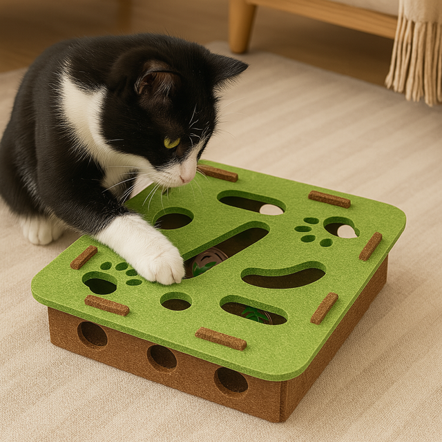 Black and white kitten playing with green felt maze interactive toy, reaching paw through hole to bat at colourful toys inside the puzzle box.