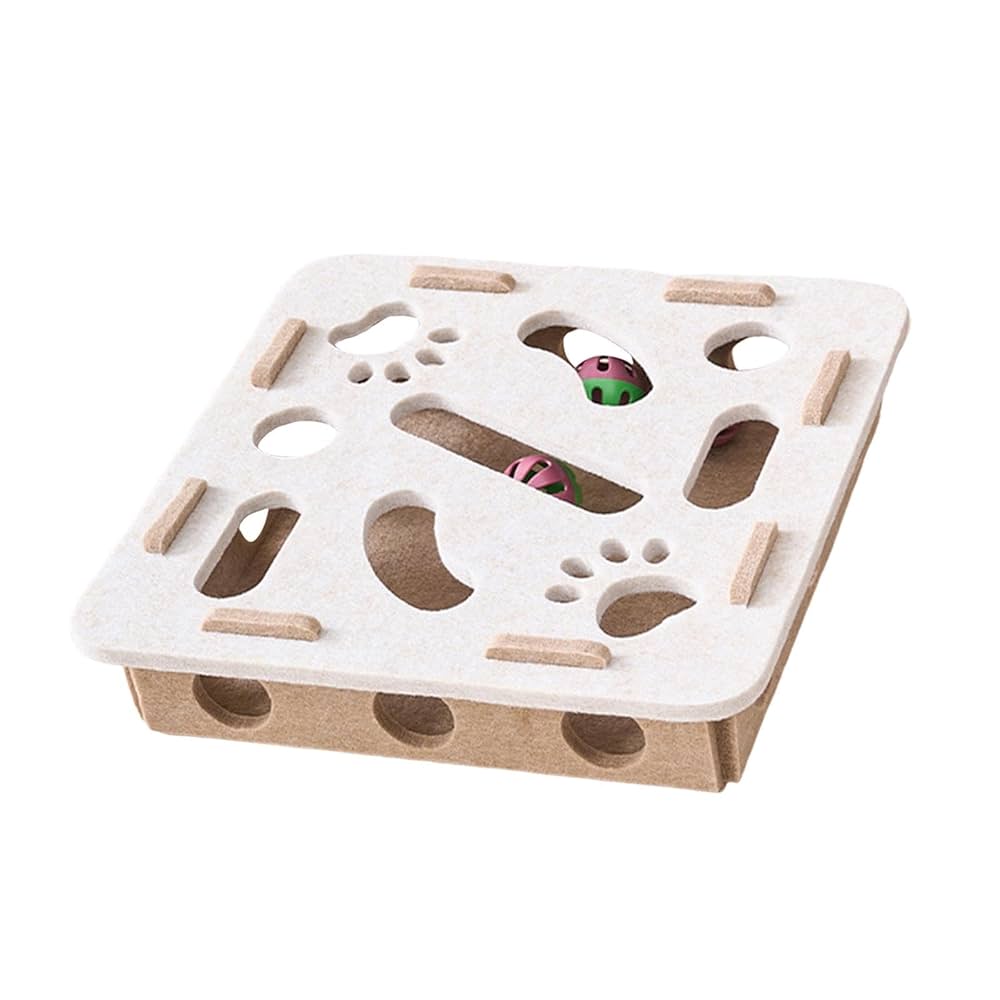 Beige felt puzzle box with multiple holes and openings of various sizes for cats to reach through and play with toys inside. The interactive maze toy has paw print cutouts and slots designed to stimulate cats&