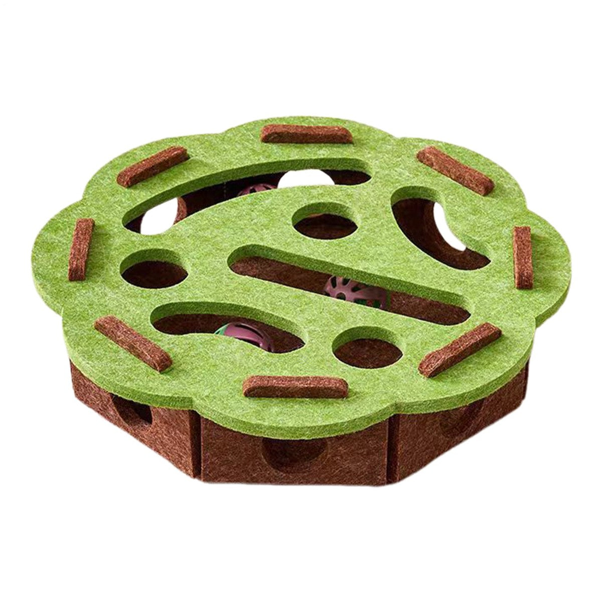 Green and brown round felt puzzle box with multiple holes and openings of various sizes for cats to reach through and play with toys inside. The interactive maze toy has paw print cutouts and slots designed to stimulate cats&