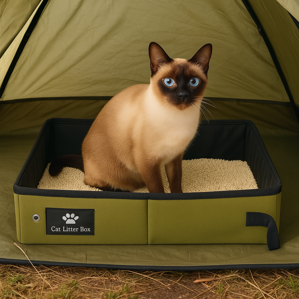 Siamese cat sitting in a green portable cat litter box placed inside a tent.