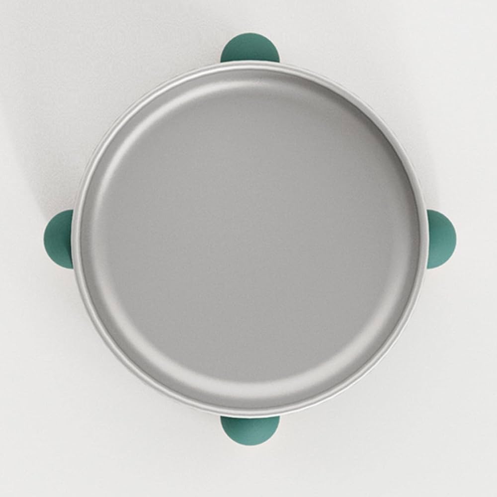 Top view of a four-legged, stainless steel cat bowl displayed on a white background.