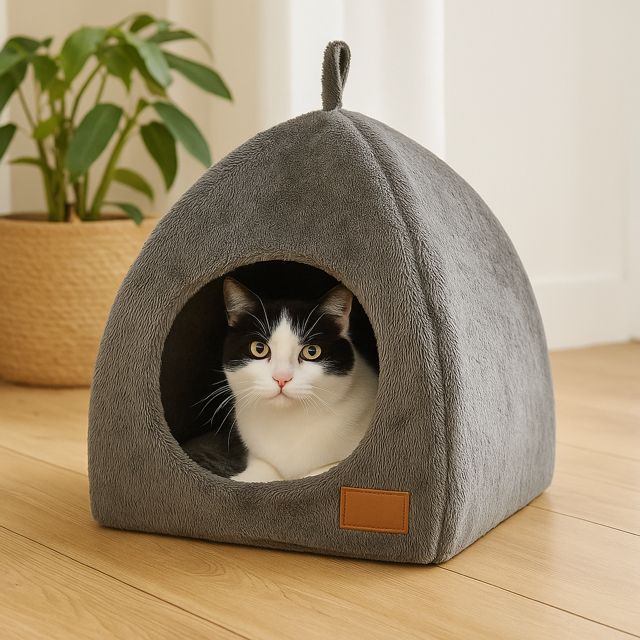 Black and white cat sitting inside of the grey triangular cat cave house in a cozy living room.