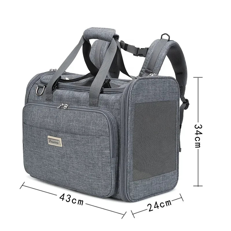 Grey pet carrier backpack with straps and dimensions on a white background