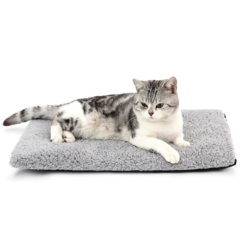 Closeup of a grey self-warming cat bed with a kitten laying on it, displayed on a white background.