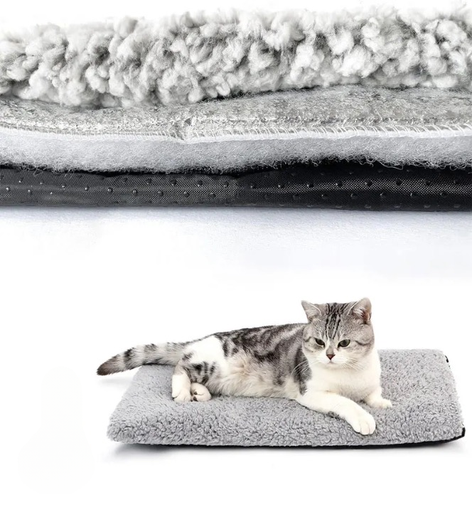 Grey self-warming cat bed showing textured interior lining (top) and tabby kitten lying comfortably on the bed (bottom).
