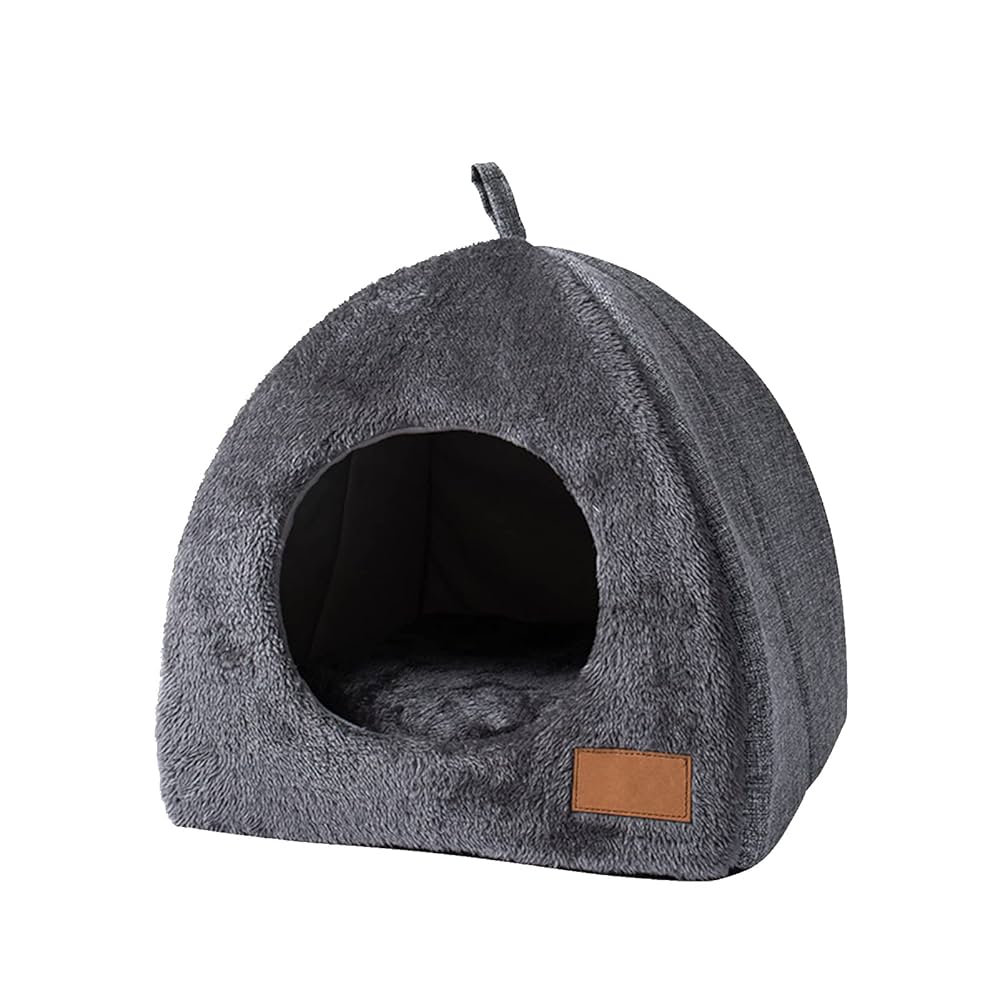 Grey triangular cozy can cave house with a removable cushion displayed on a white background.