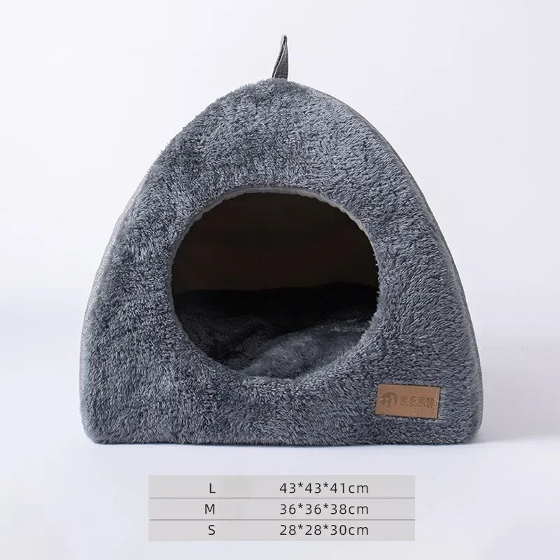 Front view of a grey cat cave house with sizes and measurements displayed on a white bacground.