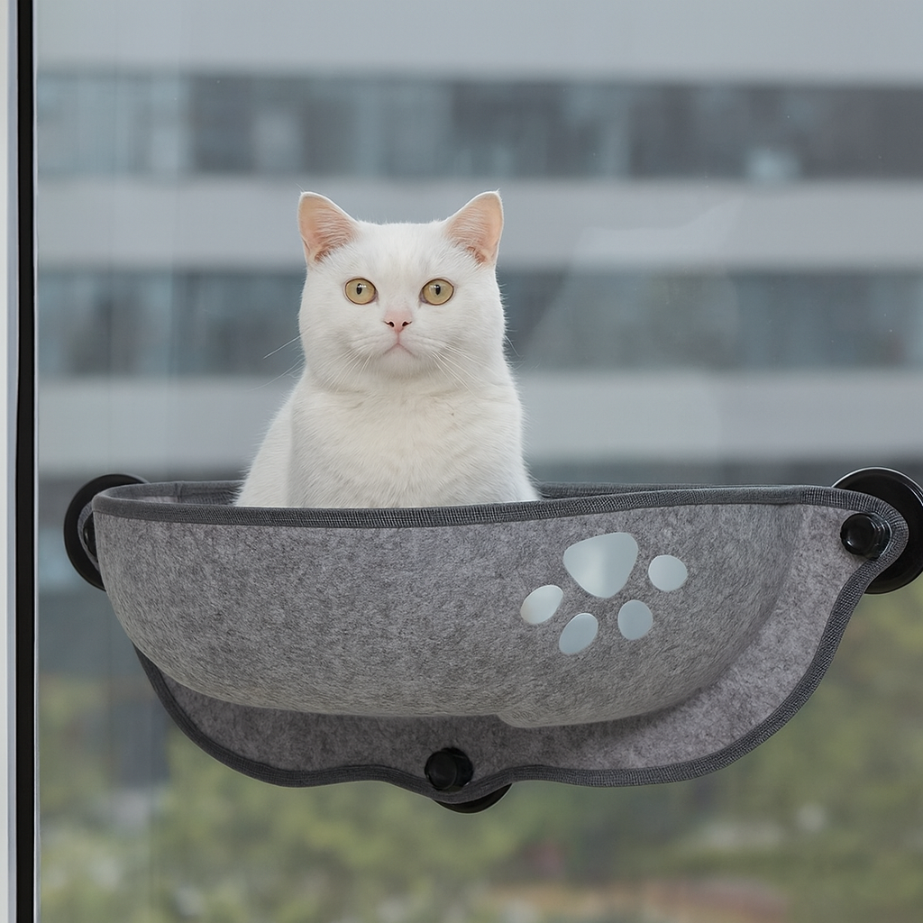 White cat sitting inside the grey felt hammock with paw motif, attached to the window with suctions.