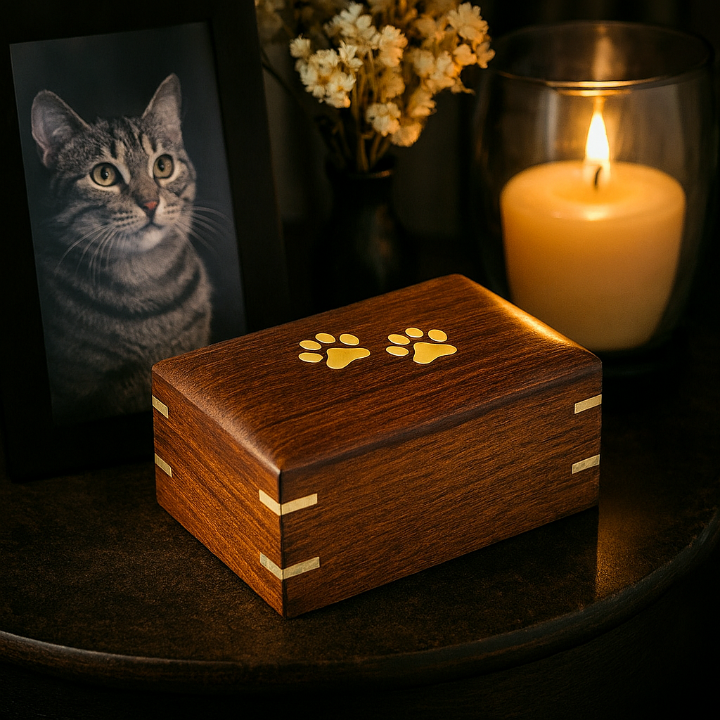 Handmade timber per cremation urn displayed on a marble table with a framed photo of a grey cat, dried flowers and a burning candle.