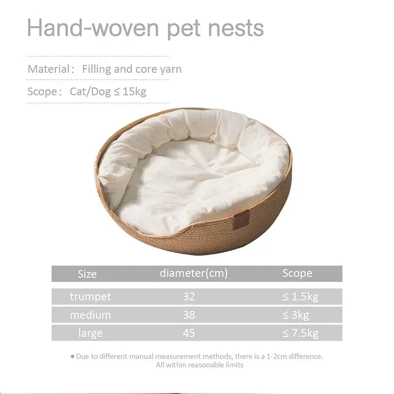 Hand-woven cat bed with a white cushion inside displayed with measurements of its three variants
