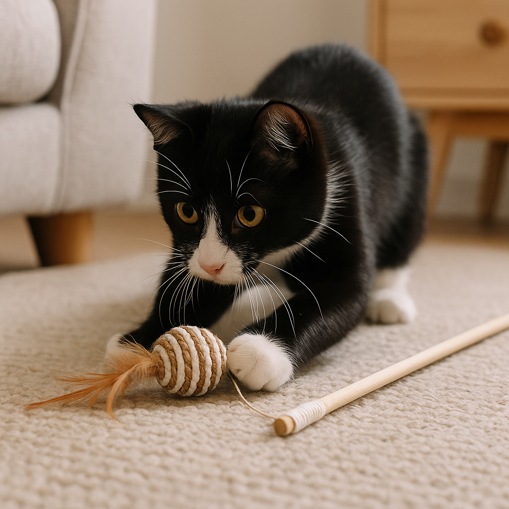 Interactive wand toy for cats with attached feather ball chased by a black and white kitten.