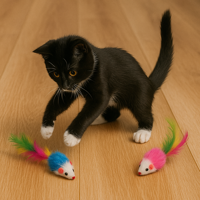 Black and white kitten is playing with an interactive rattle mouse toy.