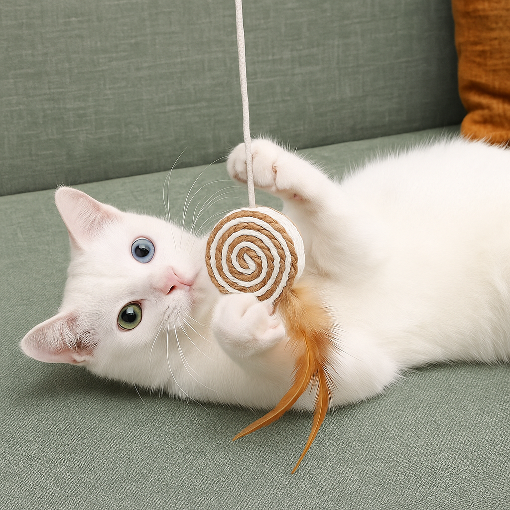 Teaser playing string - interactive toy for cats with attached feather cake toy, displayed with a playful white cat.