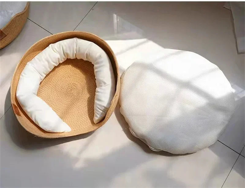 Eco-friendly cat bed with removable white cushion - natural woven basket showing washable liner and rope construction