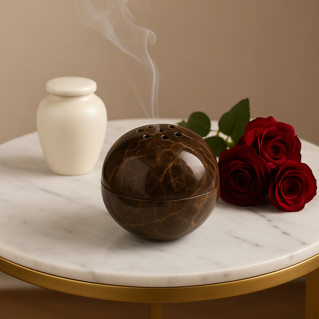 Brown spherical incense burner with smoke, white vase, and red roses on a marble table.