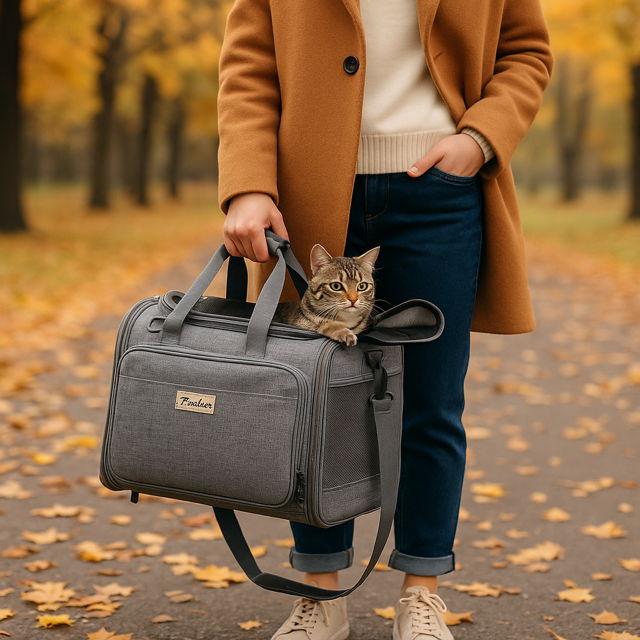 A man holding a grey bag with a cat on an autumn path