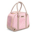 Pink pet carrier with beige handles on a white background