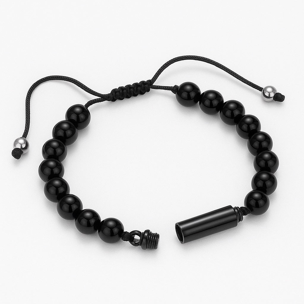 Black pet cremation keepsake jewellery with open canister for pet&