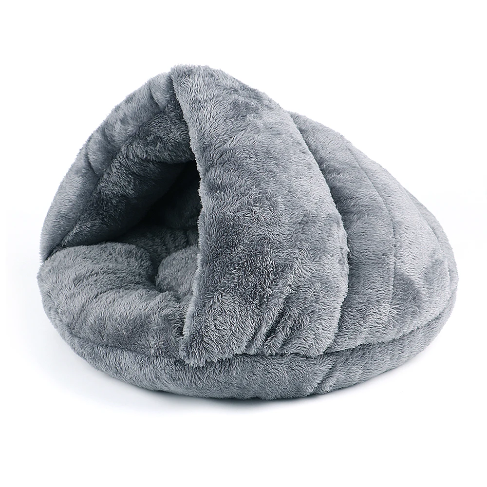 Grey plush igloo cat bed displayed on a white background.