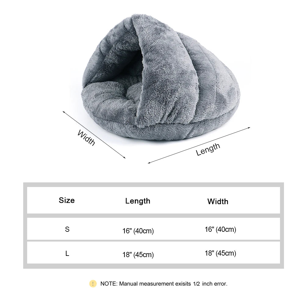 Grey plush igloo cat bed with measurements and dimensions on a white background.
